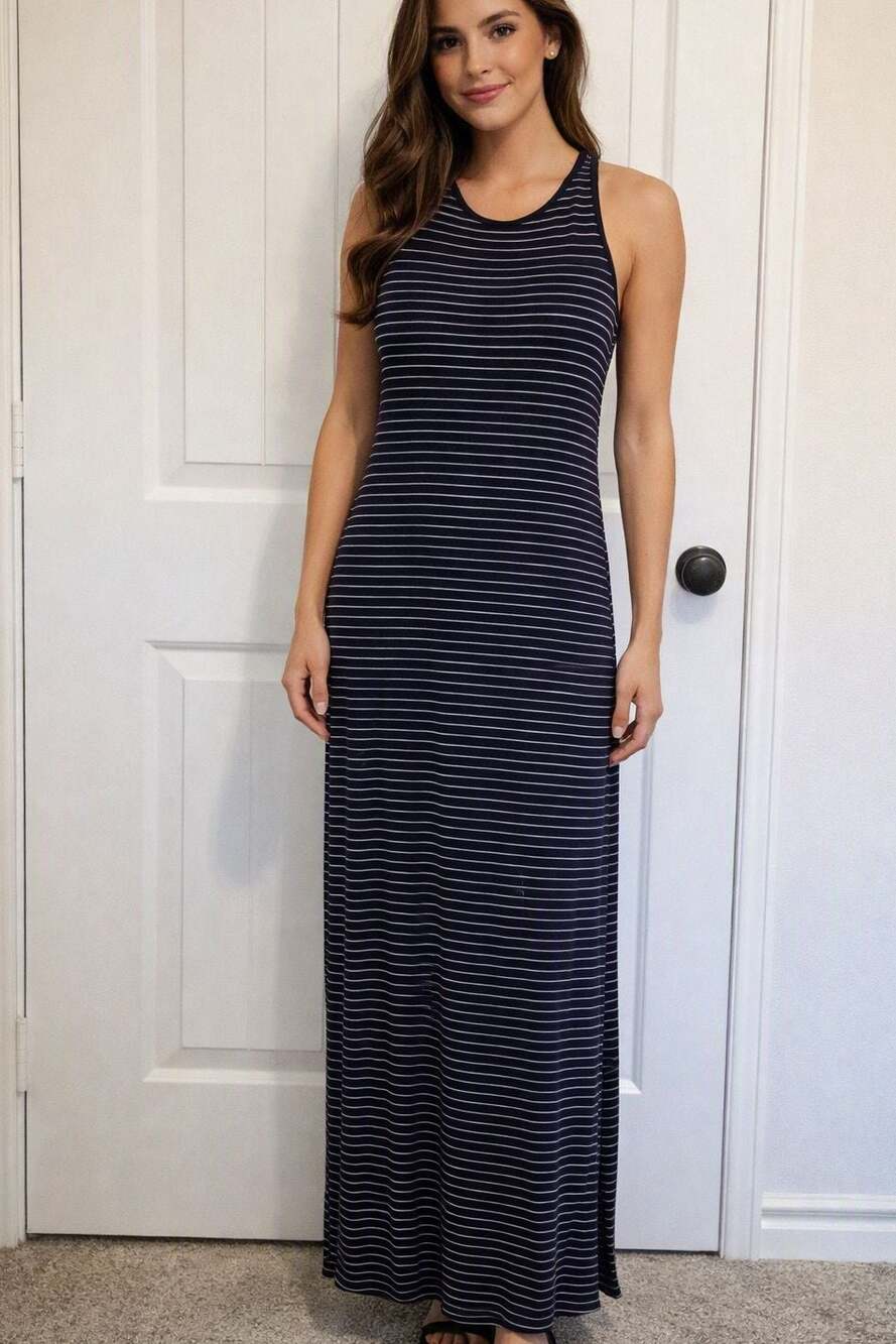 J.O.A. Women's Striped Sleeveless Keyhole Back Maxi Dress Large Blue White Y2K